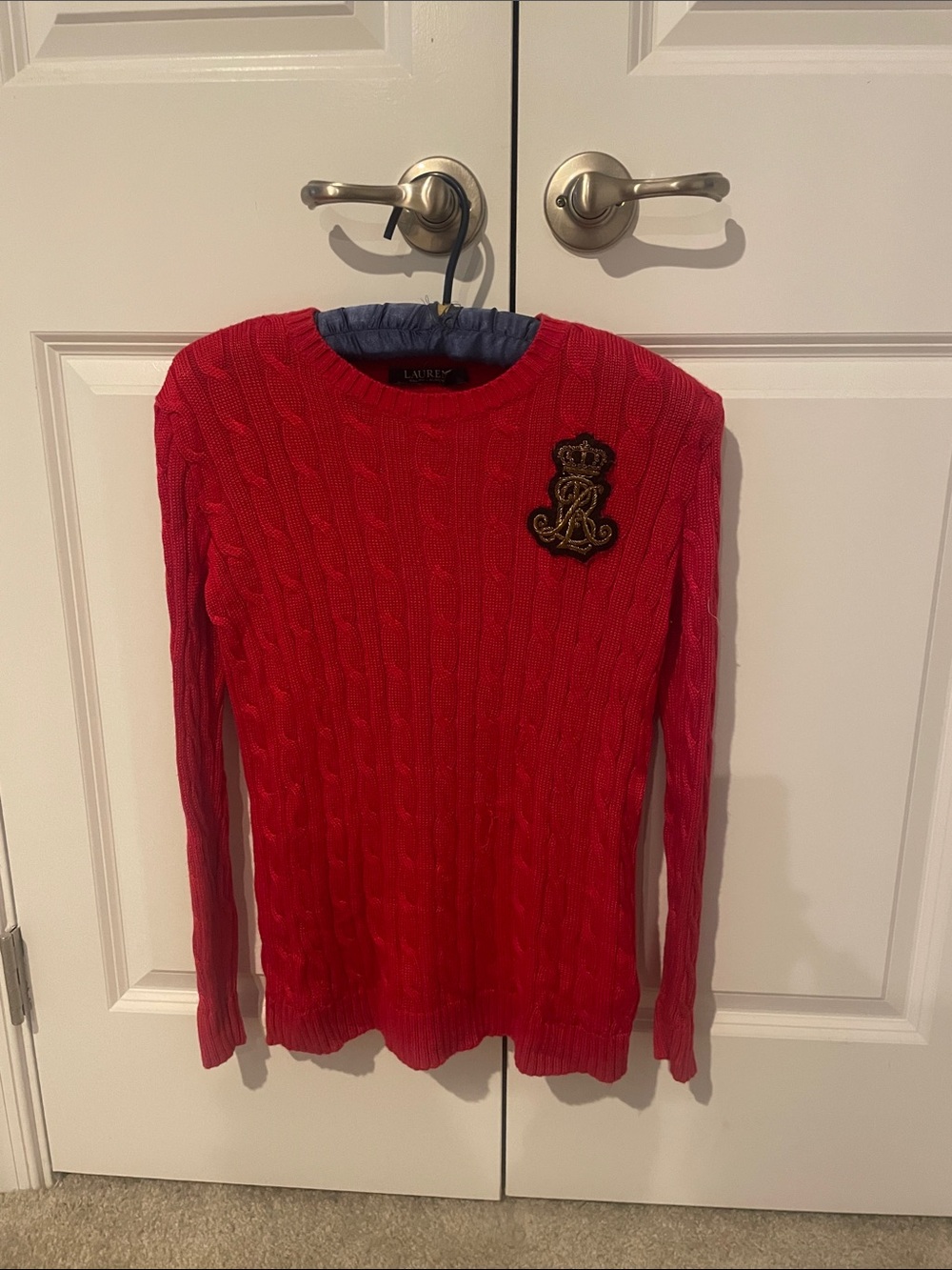 Ralph Lauren Red Cable-Knit Sweater with Embroidered Crest